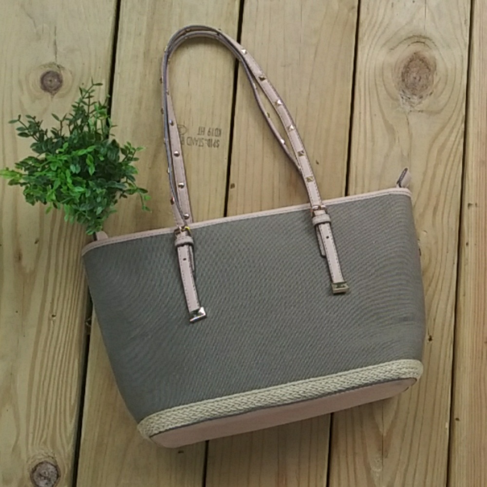 Aldo Studded Green Canvas Shoulder Bag Natural